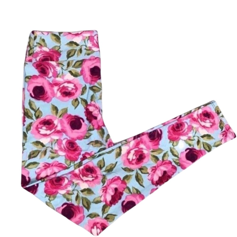 LuLaRoe Girls Leggings L/XL Light Blue Pink Roses‎ Floral Size 7-12 NEW NWOT